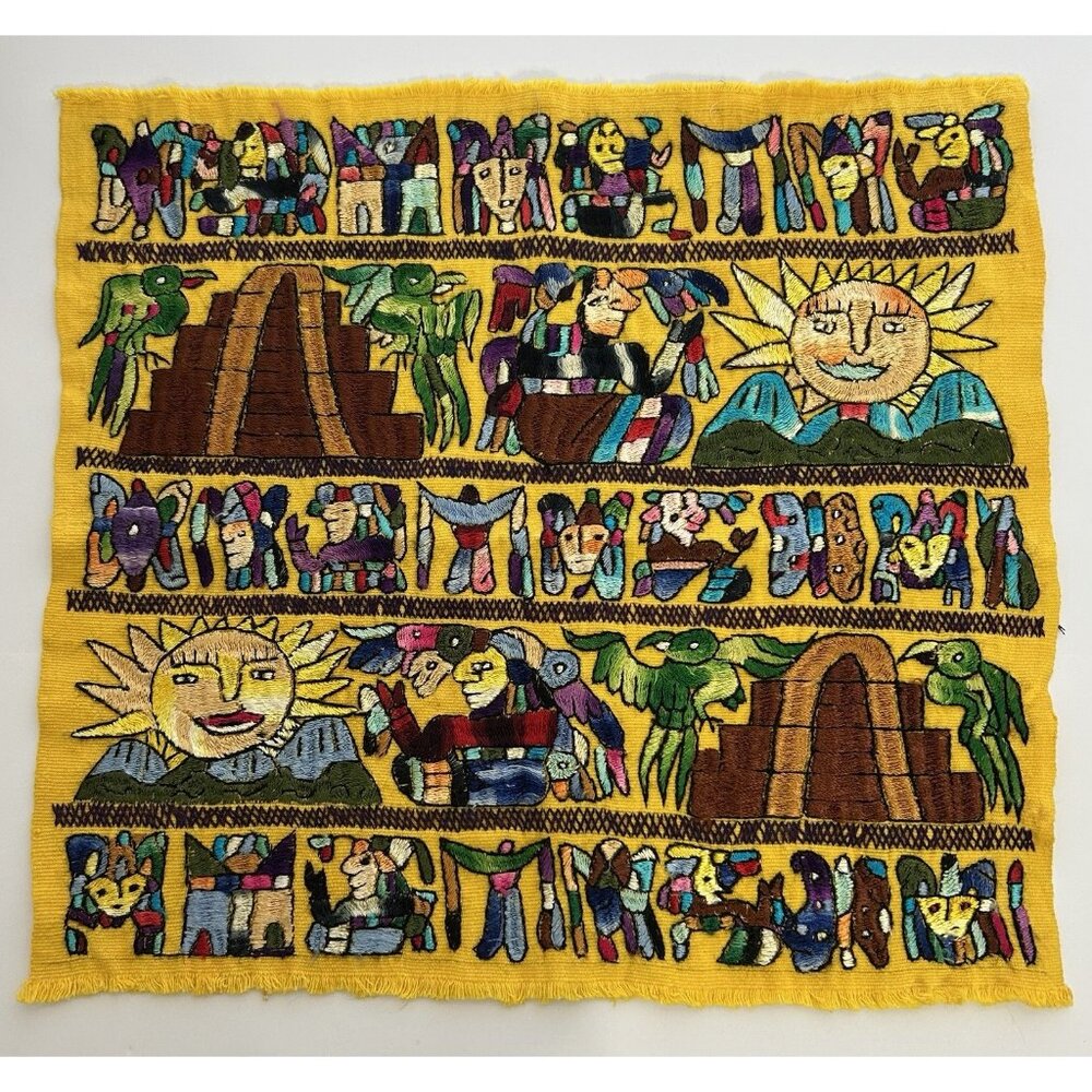 Mayan Wall Tapestry or Table Decor Embroidered Art Traditional Pyramid Sun Bird
